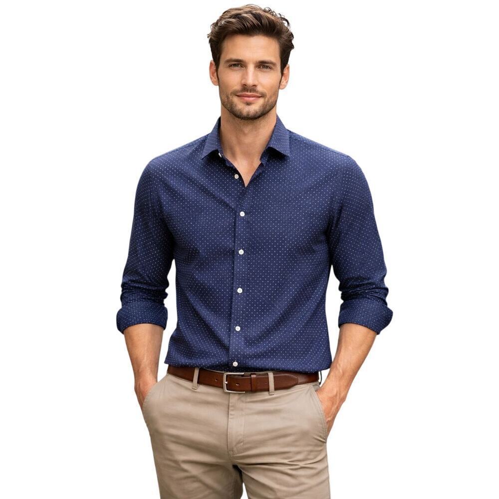 Nick Graham Men’s Button-Down Shirt XL Navy Blue Polka Dot Stretch Slim Fit